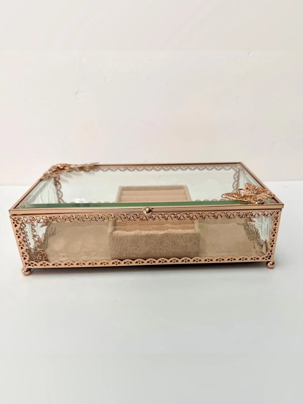 Rose Gold Glass Jewelry Box Butterfly Floral Design Ring Organizer Display Case